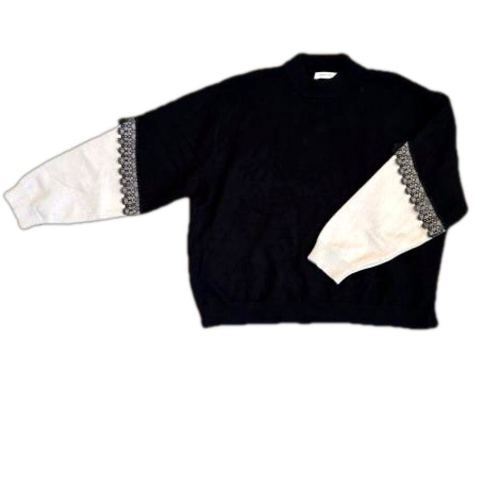 Avantlook Mock Neck Pullover Two-Tone Lace Long Sleeve Sweater Black Tan Size XL